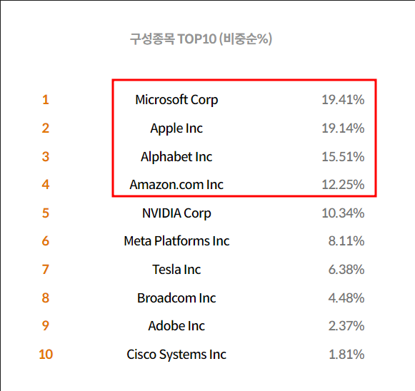 tiger 테크 탑 10 보유 종목